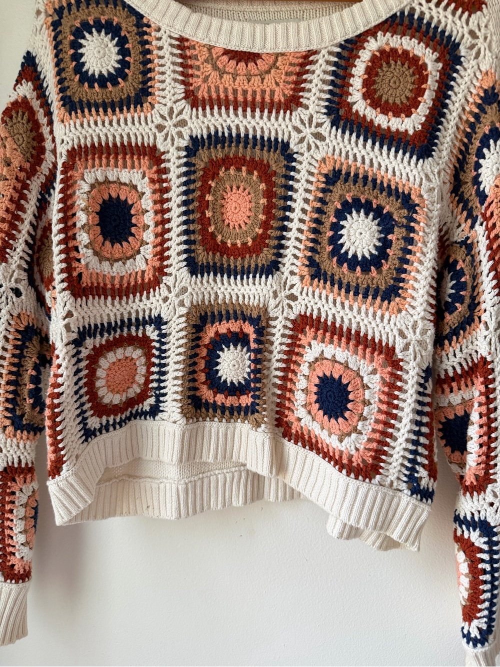 American Eagle Outfitters Crochet Square Pullover Sweater - White, Rust & Navy - Picture 2 of 9